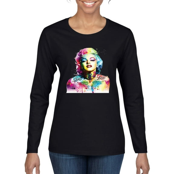 Wild Bobby Marilyn Monroe Multicolor Pop Art Pop Culture Women Graphic Long Sleeve Tee, Black, Small