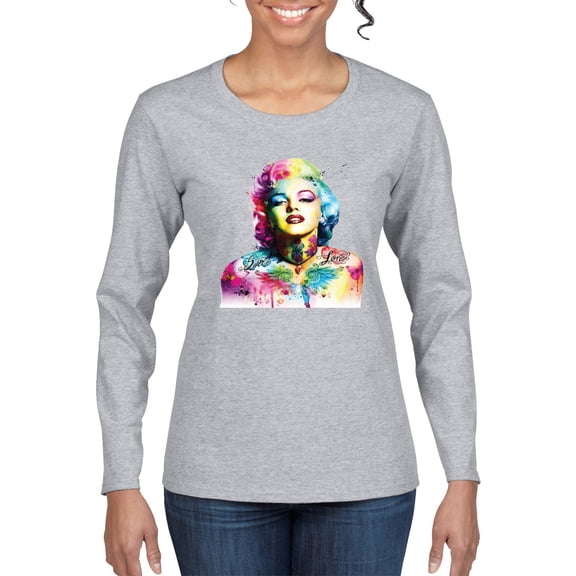 Wild Bobby Marilyn Monroe Multicolor Pop Art Pop Culture Women Graphic Long Sleeve Tee, Heather Grey, Large