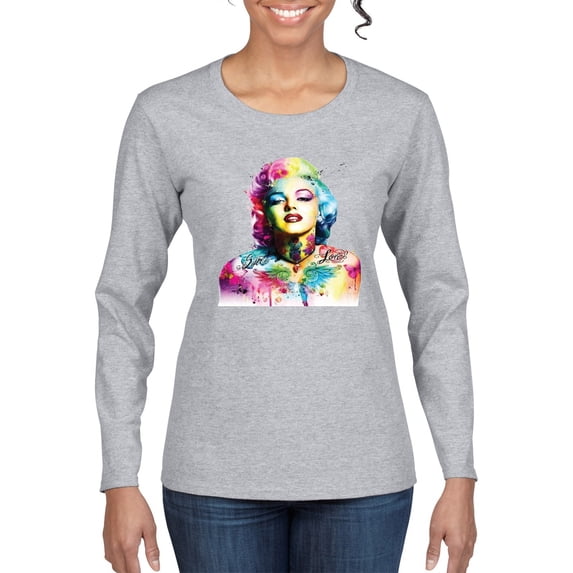 Wild Bobby Marilyn Monroe Multicolor Pop Art Pop Culture Women Graphic Long Sleeve Tee, Heather Grey, Small