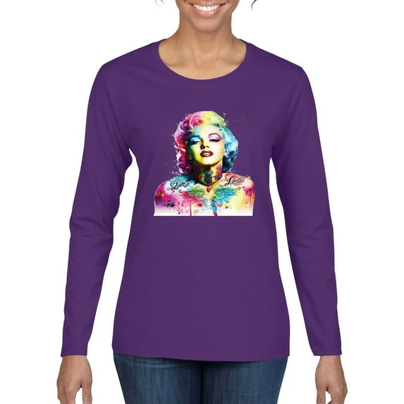 Wild Bobby Marilyn Monroe Multicolor Pop Art Pop Culture Women Graphic Long Sleeve Tee, Purple, X-Large