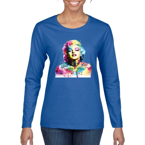 Wild Bobby Marilyn Monroe Multicolor Pop Art Pop Culture Women Graphic Long Sleeve Tee, Royal, XX-Large