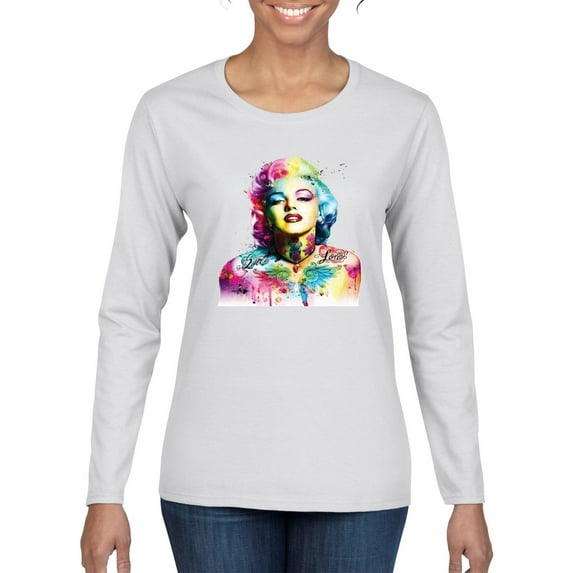Wild Bobby Marilyn Monroe Multicolor Pop Art Pop Culture Women Graphic Long Sleeve Tee, White, Small