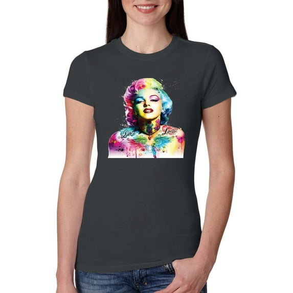 Wild Bobby Marilyn Monroe Multicolor Pop Art Pop Culture Women Slim Fit Junior Tee, Dark Grey, X-Large