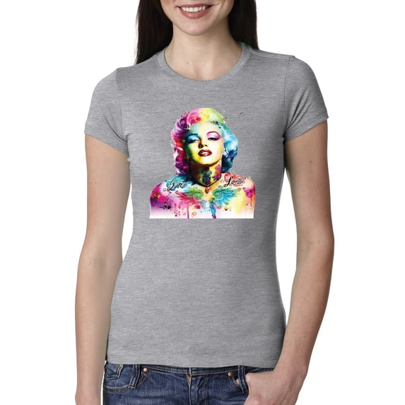 Wild Bobby Marilyn Monroe Multicolor Pop Art Pop Culture Women Slim Fit Junior Tee, Heather Grey, X-Large