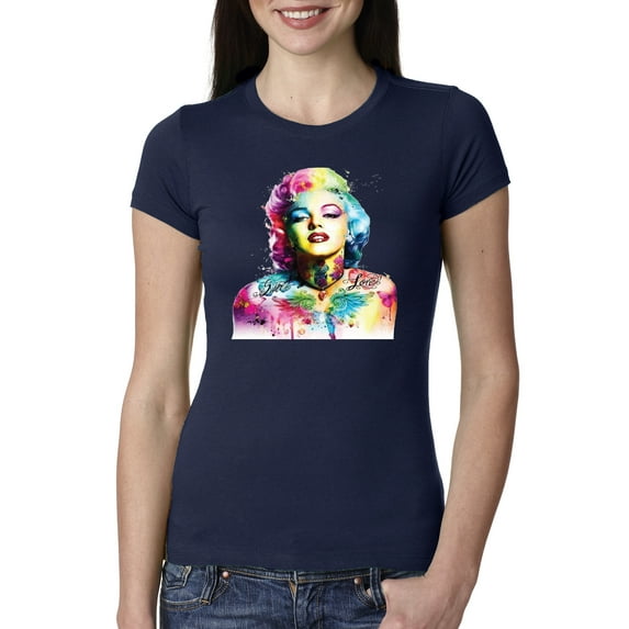 Wild Bobby Marilyn Monroe Multicolor Pop Art Pop Culture Women Slim Fit Junior Tee, Navy, Large