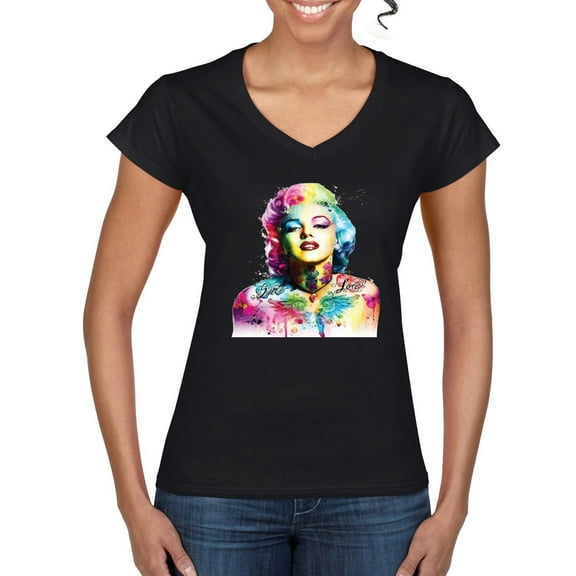 Wild Bobby Marilyn Monroe Multicolor Pop Art Pop Culture Women Standard V-Neck Tee, Black, Medium