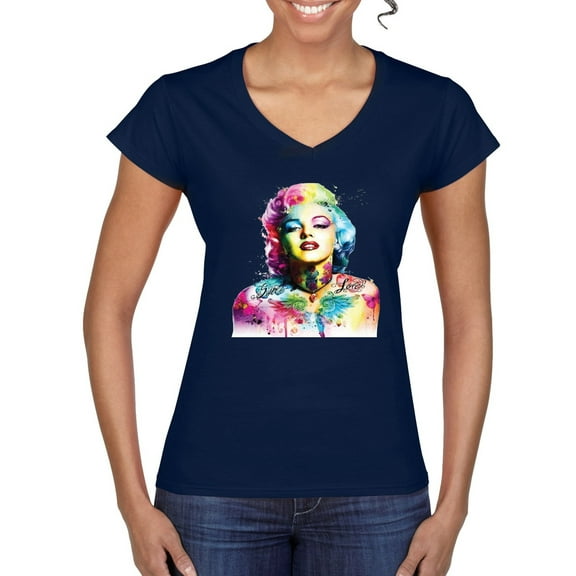 Wild Bobby Marilyn Monroe Multicolor Pop Art Pop Culture Women Standard V-Neck Tee, Navy, Small