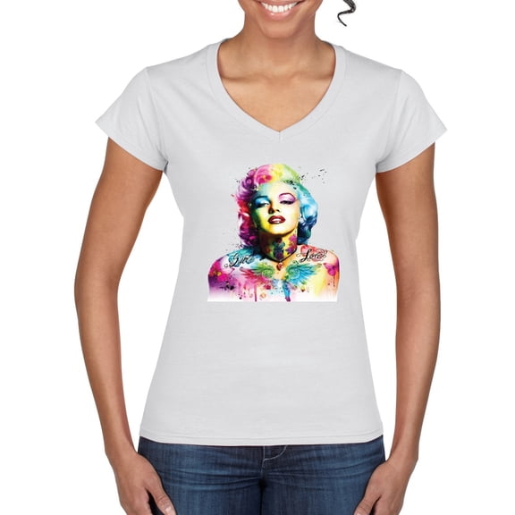 Wild Bobby Marilyn Monroe Multicolor Pop Art Pop Culture Women Standard V-Neck Tee, White, Medium