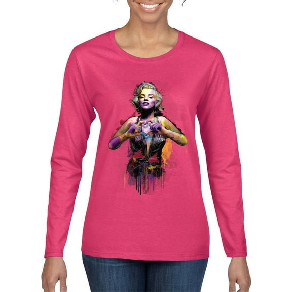 Wild Bobby Marilyn Monroe Watercolor Love Pop Culture Women Graphic Long Sleeve Tee, Fuschia, XX-Large
