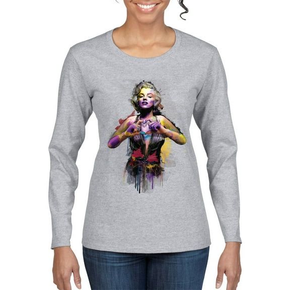 Wild Bobby Marilyn Monroe Watercolor Love Pop Culture Women Graphic Long Sleeve Tee, Heather Grey, Small