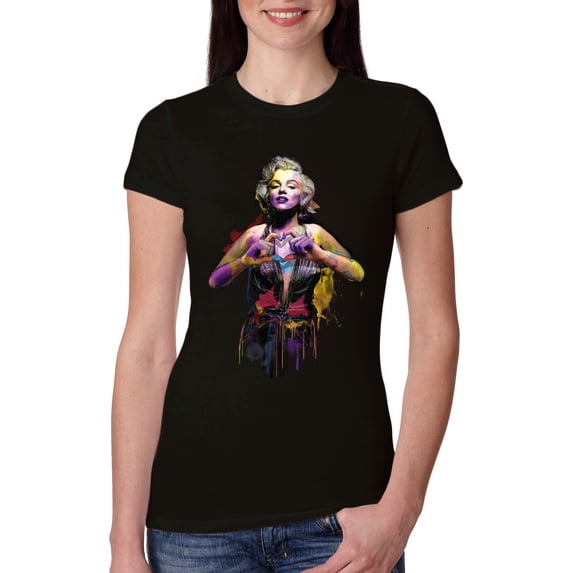 Wild Bobby Marilyn Monroe Watercolor Love Pop Culture Women Slim Fit Junior Tee, Black, Small