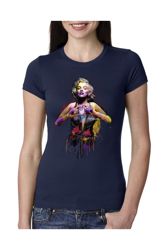Marilyn Monroe Watercolor Love Pop Culture Women Slim Fit Junior Tee, Navy, Large