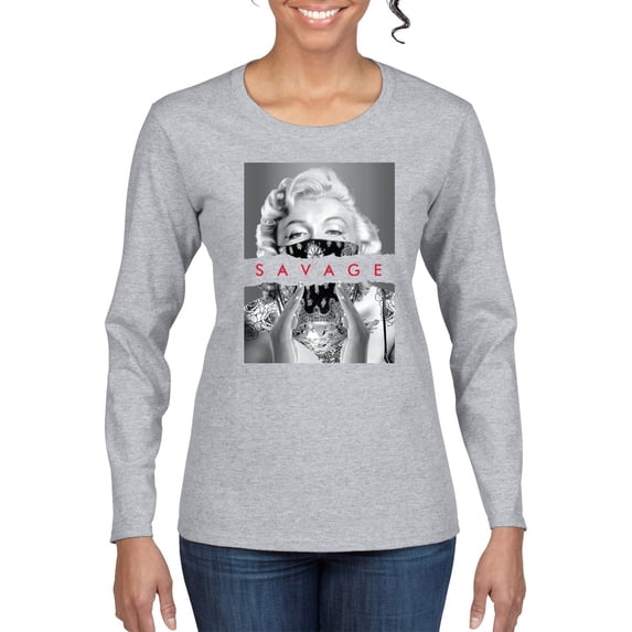 Wild Bobby, Marilyn Savage Bandana, Streetwear, Women Graphic Long Sleeve Tee, Heather Grey, Small