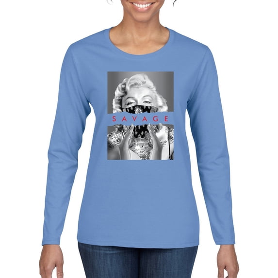 Wild Bobby, Marilyn Savage Bandana, Streetwear, Women Graphic Long Sleeve Tee, Light Blue, Small