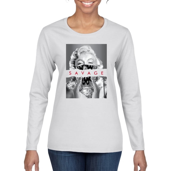 Wild Bobby, Marilyn Savage Bandana, Streetwear, Women Graphic Long Sleeve Tee, White, Small