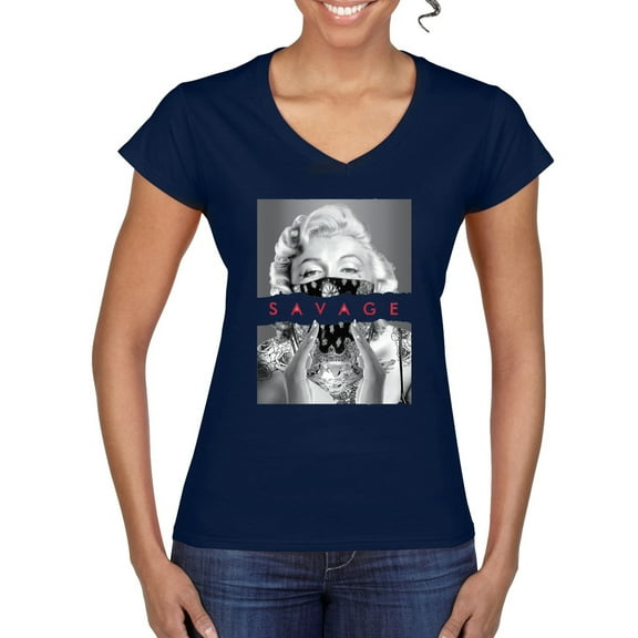 Wild Bobby, Marilyn Savage Bandana, Streetwear, Women Standard V-Neck Tee, Navy, Medium