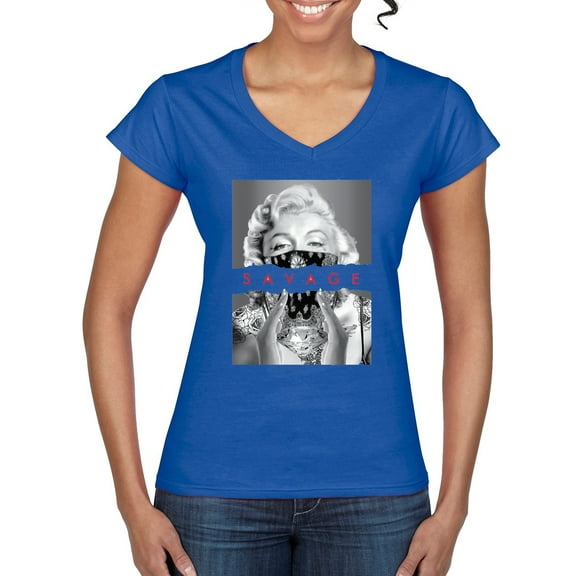 Wild Bobby, Marilyn Savage Bandana, Streetwear, Women Standard V-Neck Tee, Royal, X-Large