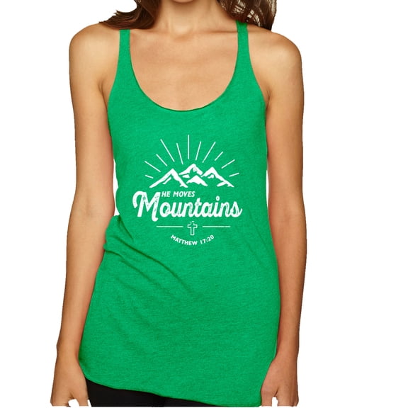 Wild Bobby, Matthew 17:20 He Moves Mountains | Womens Christian Premium Tri-Blend Racerback Tank Top, Envy, Medium