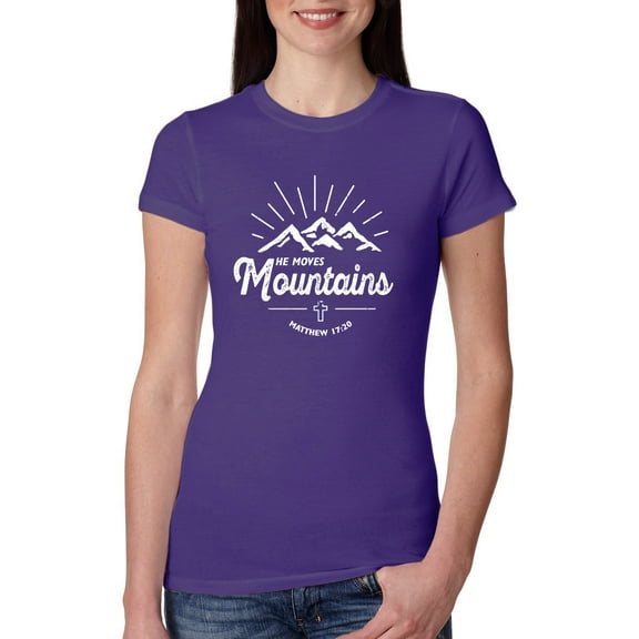 Wild Bobby, Matthew 17:20 He Moves Mountains | Womens Christian Slim Fit Junior Tee, Purple Rush, Large