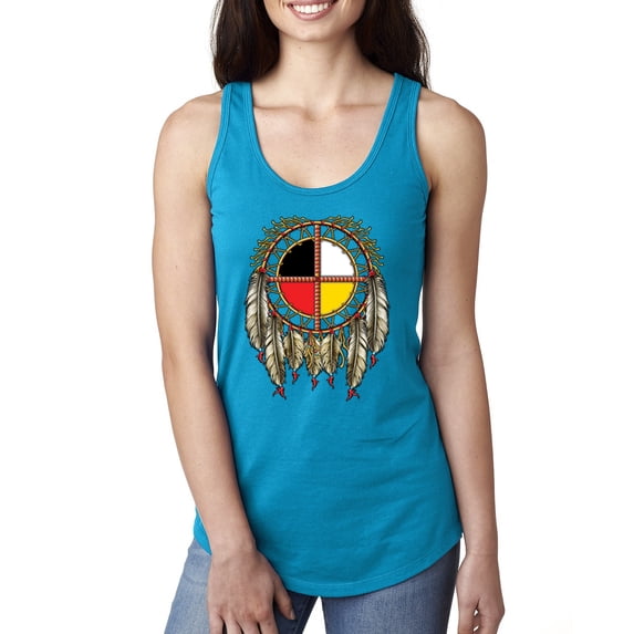 Wild Bobby, Medicine Wheel Dreamcatcher Native American Pop Culture Ladies Racerback Tank Top, Turquoise, Medium