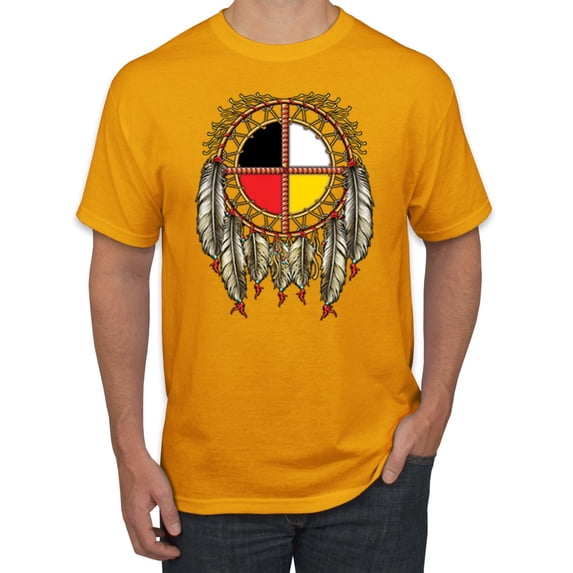 Wild Bobby, Medicine Wheel Dreamcatcher Native American Pop Culture Men's Graphic T-Shirt, Gold, 3XL