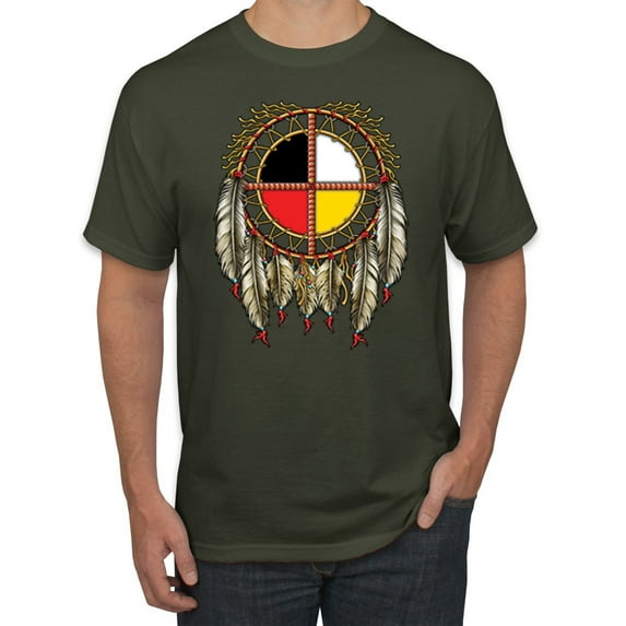 Wild Bobby, Medicine Wheel Dreamcatcher Native American Pop Culture Men's Graphic T-Shirt, Military Green, 5XL