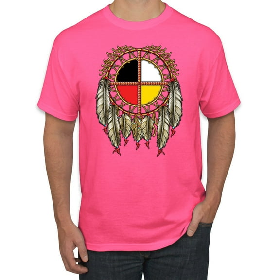 Wild Bobby, Medicine Wheel Dreamcatcher Native American Pop Culture Men's Graphic T-Shirt, Neon Pink, Large