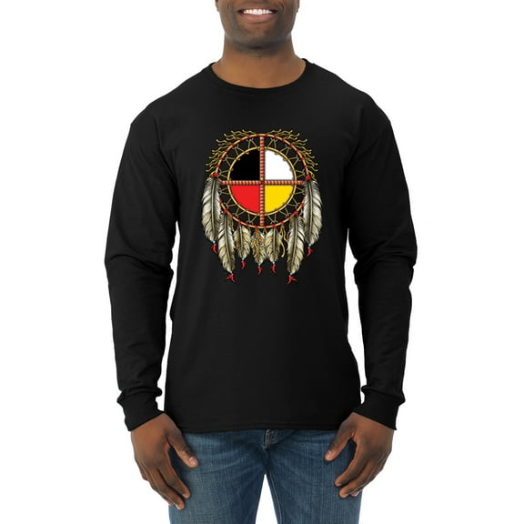 Wild Bobby, Medicine Wheel Dreamcatcher Native American Pop Culture Mens Long Sleeve Shirt, Black, X-Large