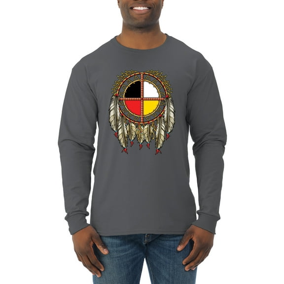 Wild Bobby, Medicine Wheel Dreamcatcher Native American Pop Culture Mens Long Sleeve Shirt, Charcoal, Small