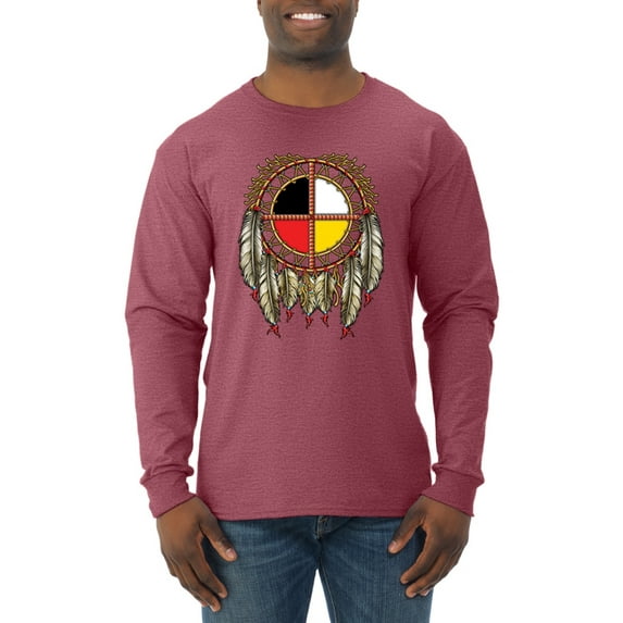 Wild Bobby, Medicine Wheel Dreamcatcher Native American Pop Culture Mens Long Sleeve Shirt, Vintage Heather Red, Small