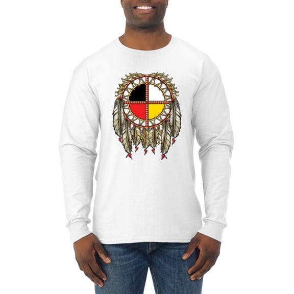 Wild Bobby, Medicine Wheel Dreamcatcher Native American Pop Culture Mens Long Sleeve Shirt, White, Large