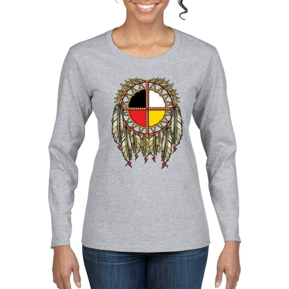 Wild Bobby, Medicine Wheel Dreamcatcher Native American Pop Culture Womens Graphic Long Sleeve T-Shirt, Heather Grey, Medium