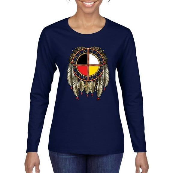 Wild Bobby, Medicine Wheel Dreamcatcher Native American Pop Culture Womens Graphic Long Sleeve T-Shirt, Navy, Medium