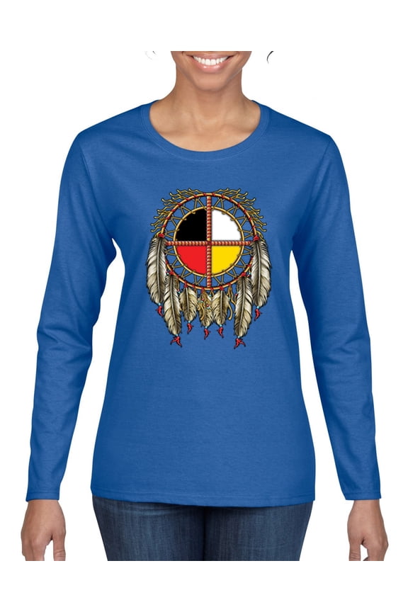 , Medicine Wheel Dreamcatcher Native American Pop Culture Womens Graphic Long Sleeve T-Shirt, Royal, Large
