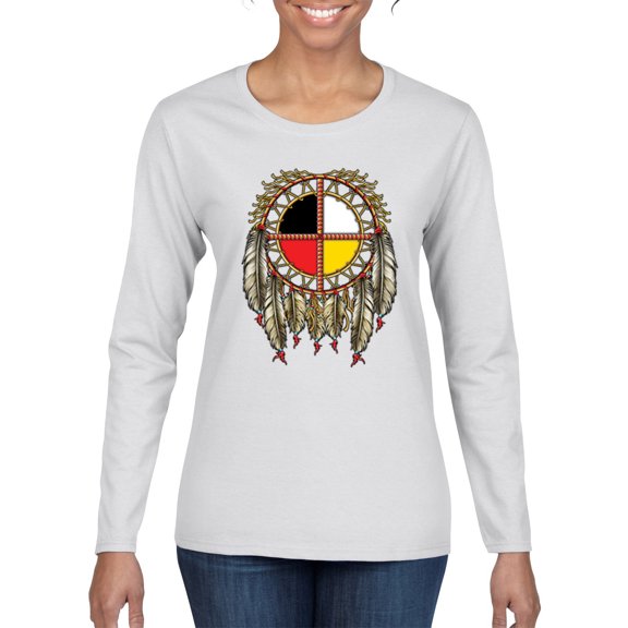 Wild Bobby, Medicine Wheel Dreamcatcher Native American Pop Culture Womens Graphic Long Sleeve T-Shirt, White, Medium