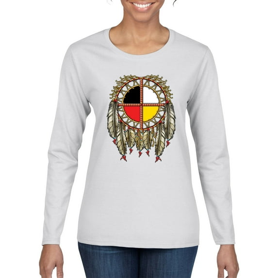 Wild Bobby, Medicine Wheel Dreamcatcher Native American Pop Culture Womens Graphic Long Sleeve T-Shirt, White, X-Large