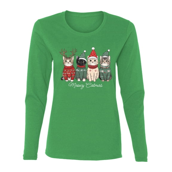 Wild Bobby Meowy Catmas, Christmas Cat Lover Design Sweater | Holiday Women Graphic Long Sleeve Tee
