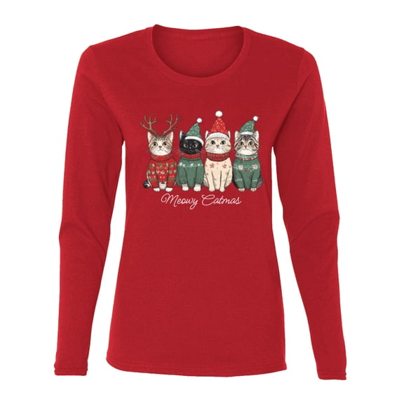 Wild Bobby Meowy Catmas, Christmas Cat Lover Design Sweater | Holiday Women Graphic Long Sleeve Tee