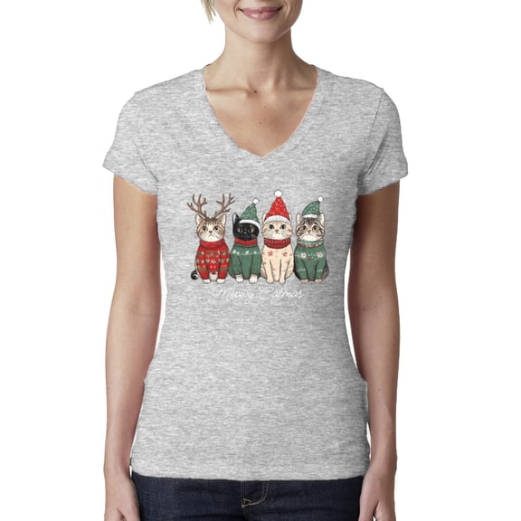 Wild Bobby Meowy Catmas, Christmas Cat Lover Design Sweater | Holiday Women Junior Fit V-Neck Tee