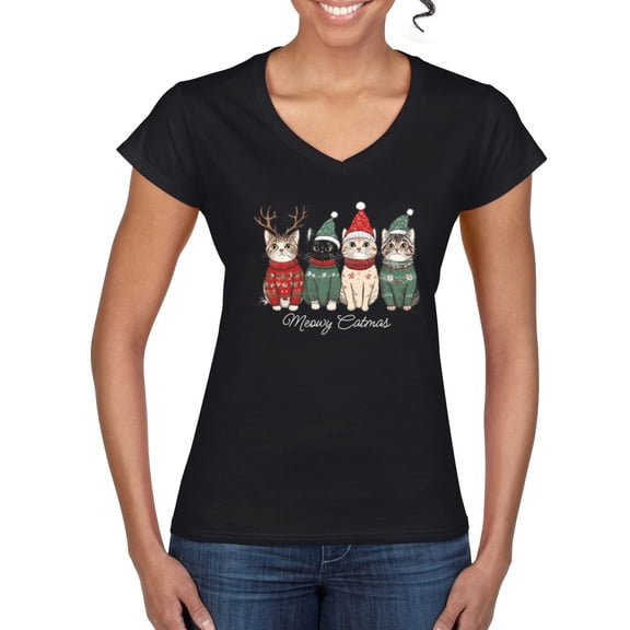 Wild Bobby Meowy Catmas, Christmas Cat Lover Design Sweater | Holiday Women Standard V-Neck Tee
