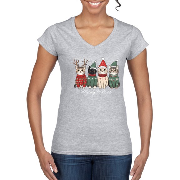 Wild Bobby Meowy Catmas, Christmas Cat Lover Design Sweater | Holiday Women Standard V-Neck Tee