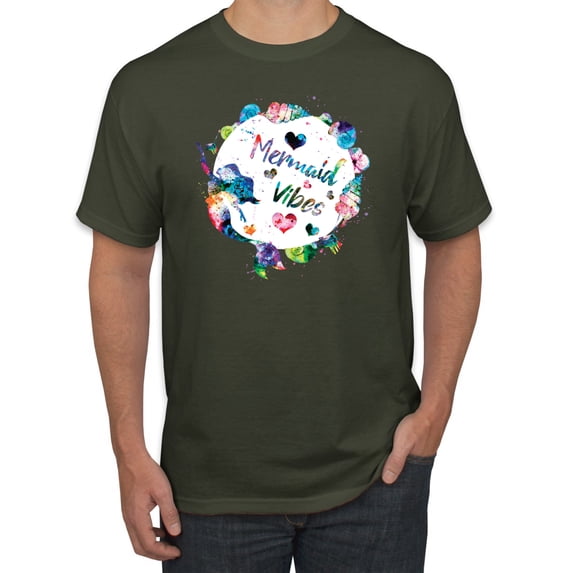 Wild Bobby, Mermaid Vibes Colorful Swimming Mermaids, Streetwear, Men's Graphic Tees, Military Green, Large
