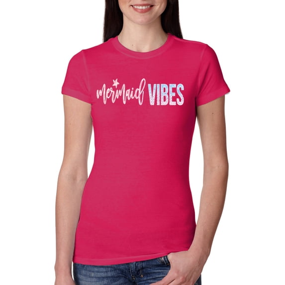 Mermaid Vibes Cute Shimmer | Womens Fashion Slim Fit Junior Tee, Raspberry, Small