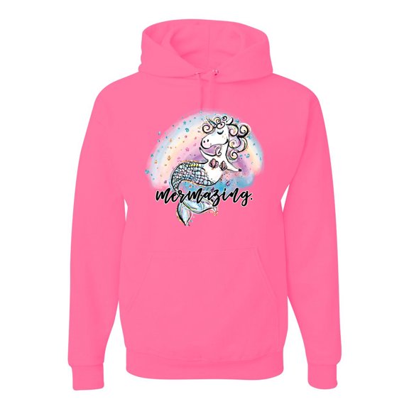 Wild Bobby, Mermazing Mermicorn Cute Gift Women Girls, Streetwear, Unisex Graphic Hoodie Sweatshirt, Neon Pink, 2XL