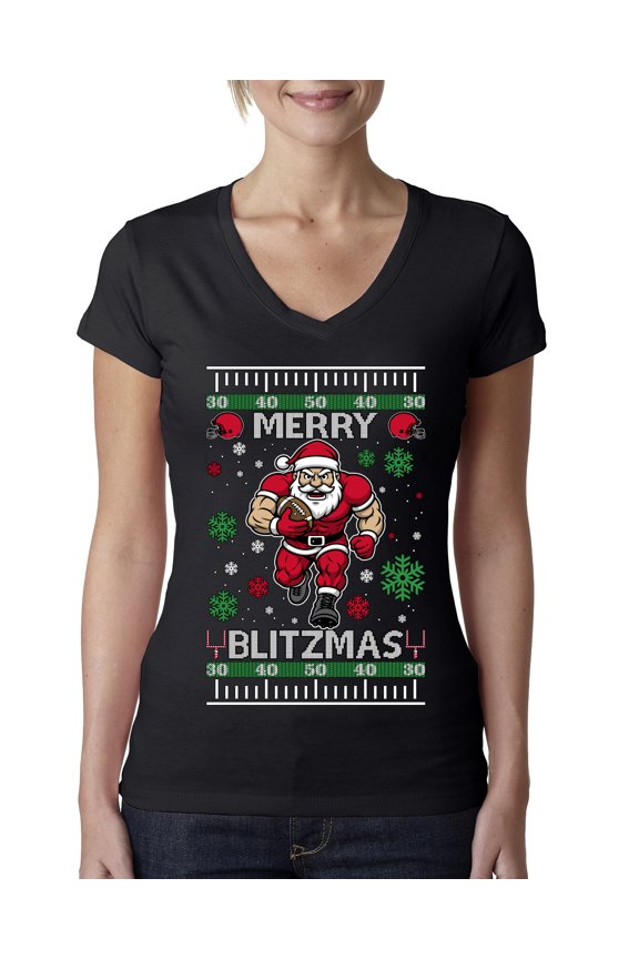 Merry Blitzmas, Football Christmas Sweater Design | Holiday Women Junior Fit V-Neck Tee
