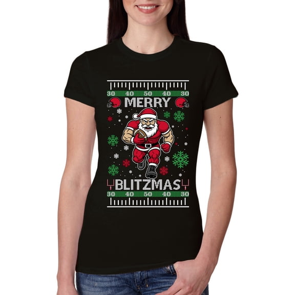 Wild Bobby Merry Blitzmas, Football Christmas Sweater Design | Holiday Women Slim Fit Junior Tee