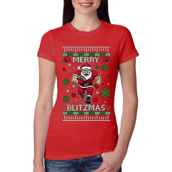 Wild Bobby Merry Blitzmas, Football Christmas Sweater Design | Holiday Women Slim Fit Junior Tee