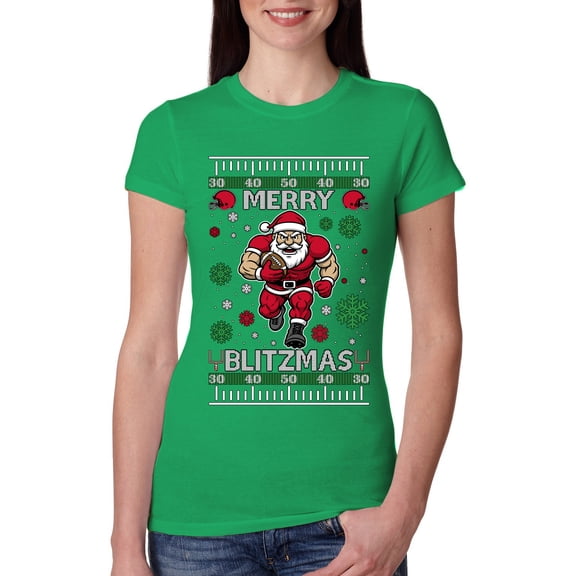 Wild Bobby Merry Blitzmas, Football Christmas Sweater Design | Holiday Women Slim Fit Junior Tee