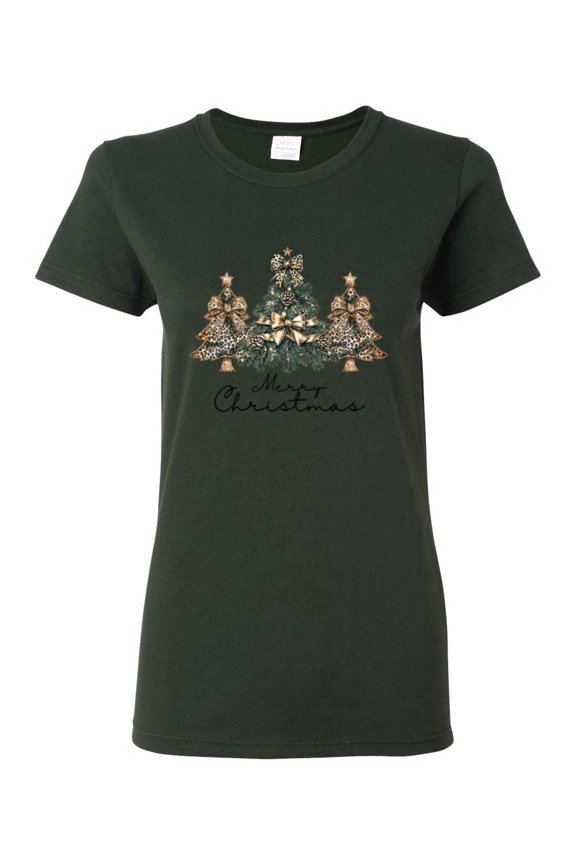 Merry Christmas Gold Glitter Christmas Tree Design Sweater | Holiday Women Graphic Tee