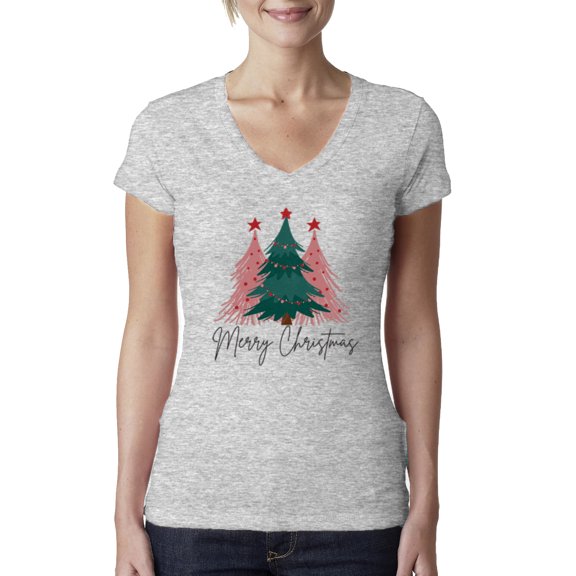Wild Bobby Merry Christmas Tree, Cute Holiday Design Sweater | Holiday Women Junior Fit V-Neck Tee